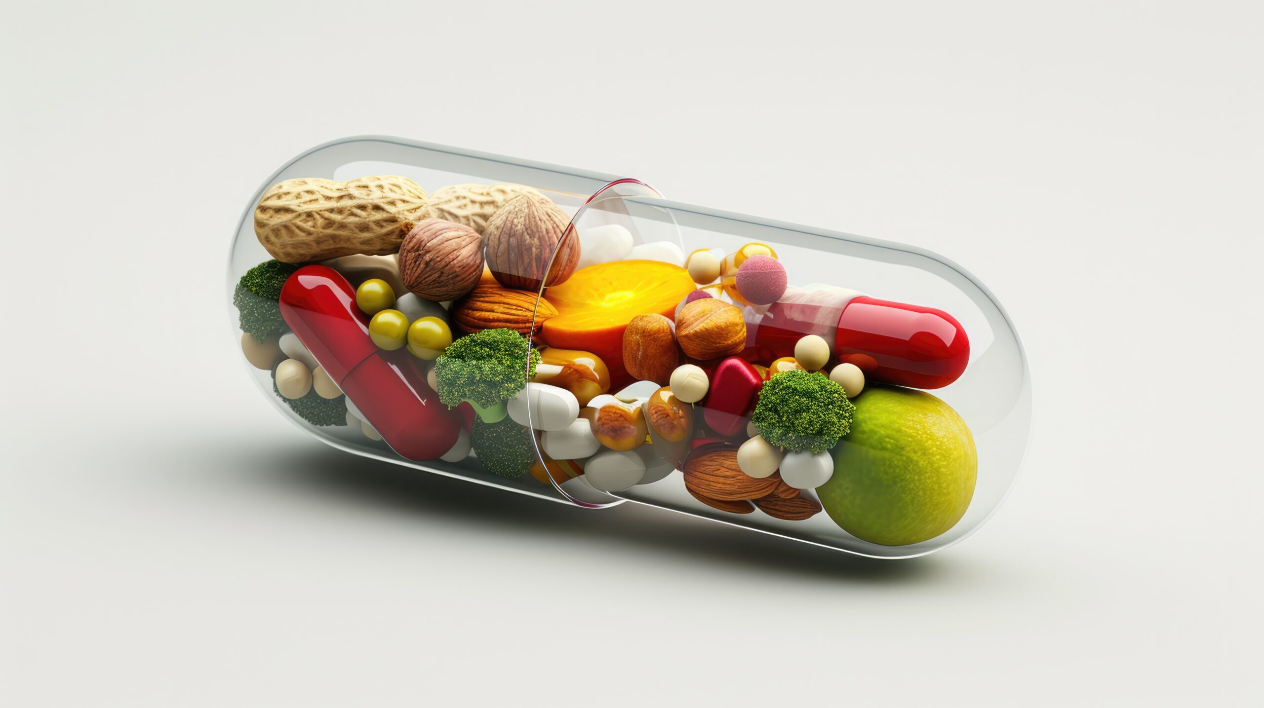 Medicine health concept. Nutritional supplement and vitamin supplements as a capsule with fruit vegetables nuts and beans inside a nutrient pill. Medicine health concept. Nutritional supplement and vitamin supplements as a capsule with fruit vegetables nuts and beans inside a nutrient pill.