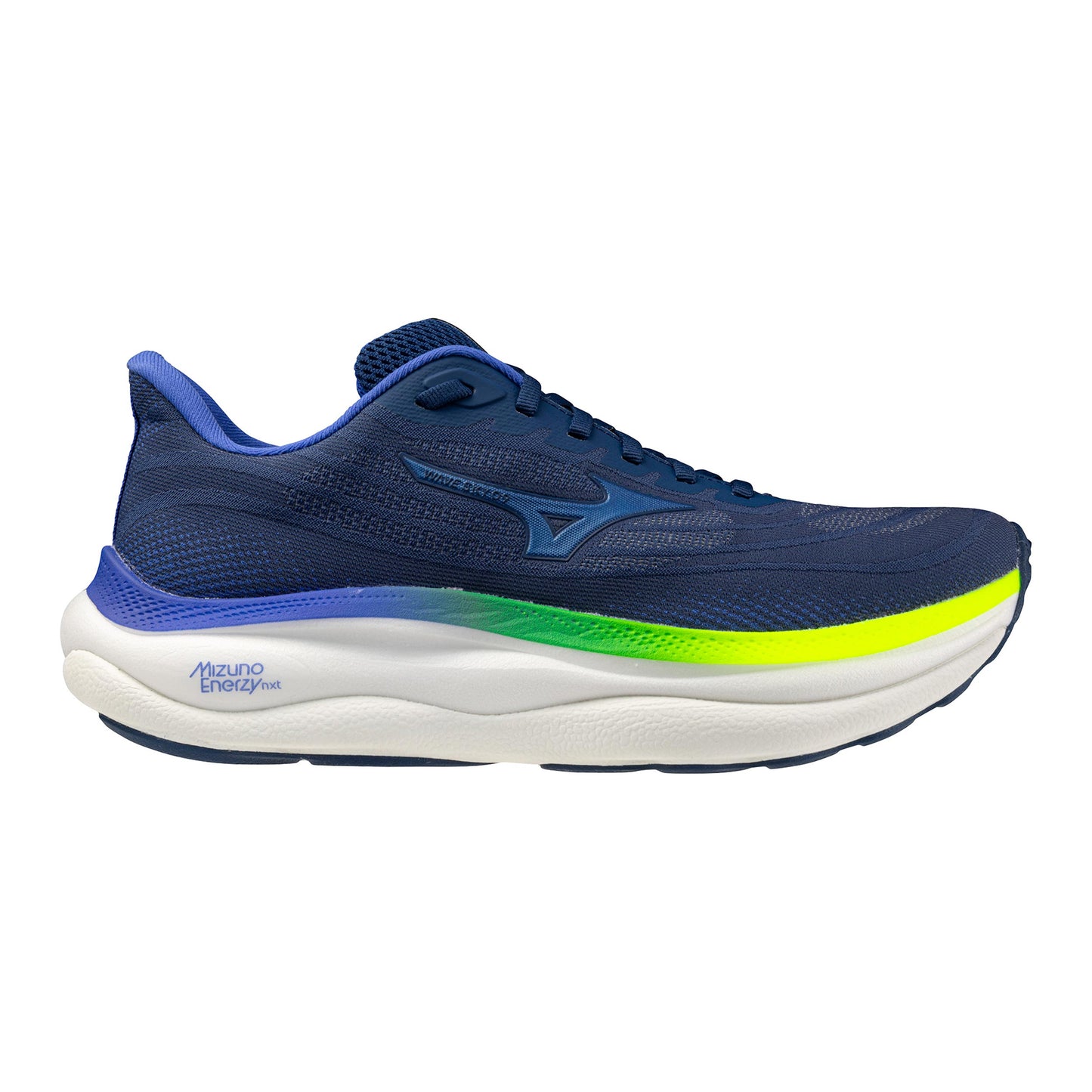 Mizuno Wave Sky 9  Chaussure de running sans stabilisateurs Hommes - bleu foncé, jaunes fluo